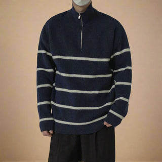 Half Zip Jumper | Casual Retro Striped Half Zip Funnel Neck for Men