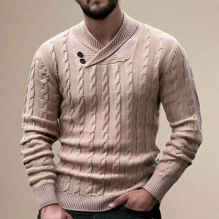 Turtleneck | Mens Casual Warm Cable Jumper with V-Neck and Folded Collar